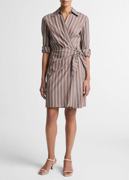 VINCE Women Striped Cotton-Blend Wrap Dress in Dresses BROWN MULTI
