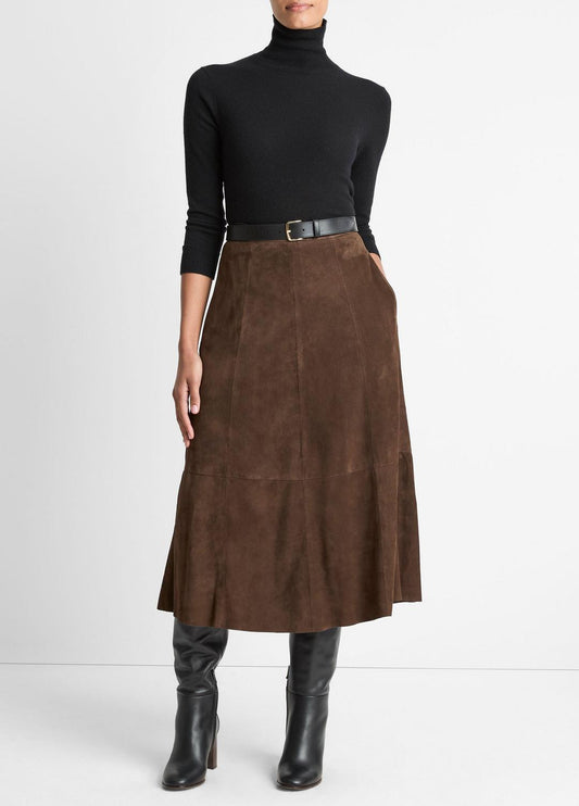VINCE Women Suede Mid-Rise Flared Skirt in Skirts DEEP ESPRESSO