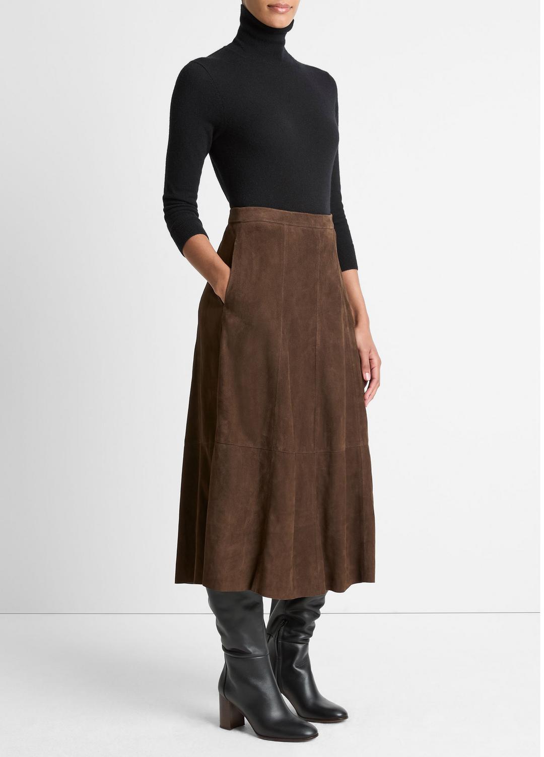 VINCE Women Suede Mid-Rise Flared Skirt in Skirts DEEP ESPRESSO