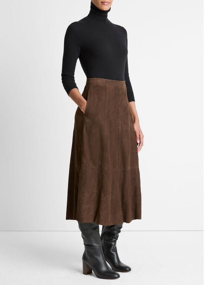 VINCE Women Suede Mid-Rise Flared Skirt in Skirts DEEP ESPRESSO