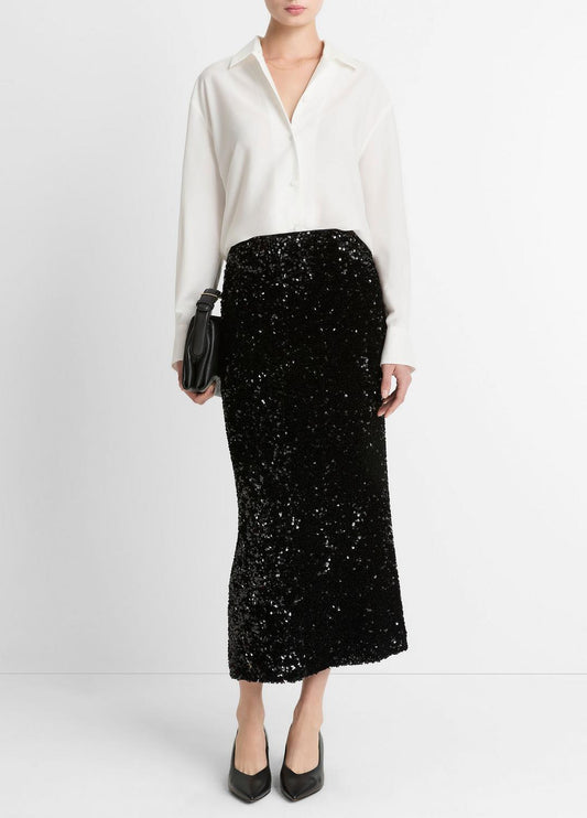 VINCE Women Sequined Velvet Column Skirt in Skirts BLACK