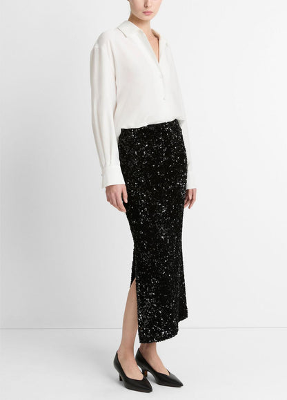 VINCE Women Sequined Velvet Column Skirt in Skirts BLACK