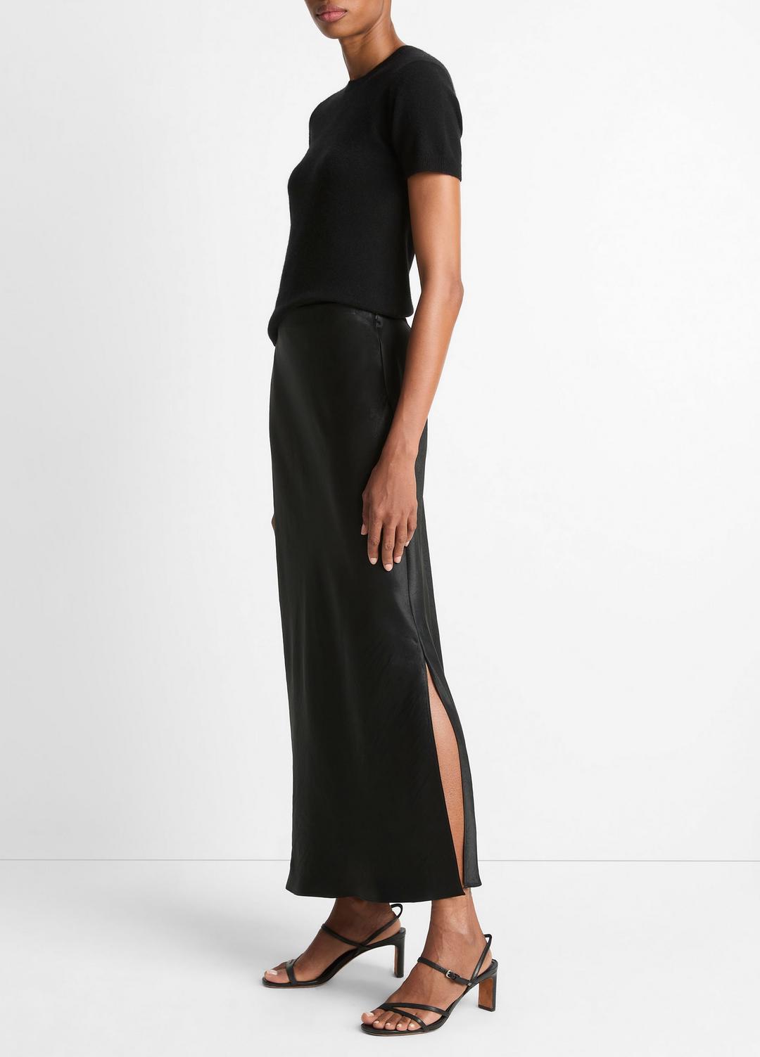 VINCE Women Satin Side-Slit Slip Skirt in Skirts BLACK
