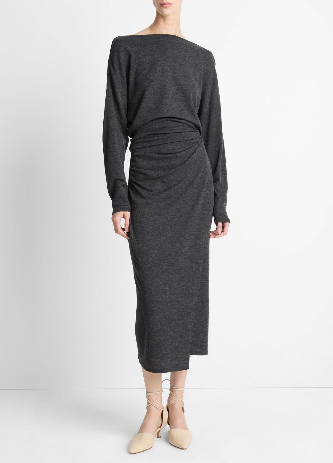 VINCE Women Draped-Waist Wool-Blend Midi Skirt in Skirts DARK HEATHER GREY