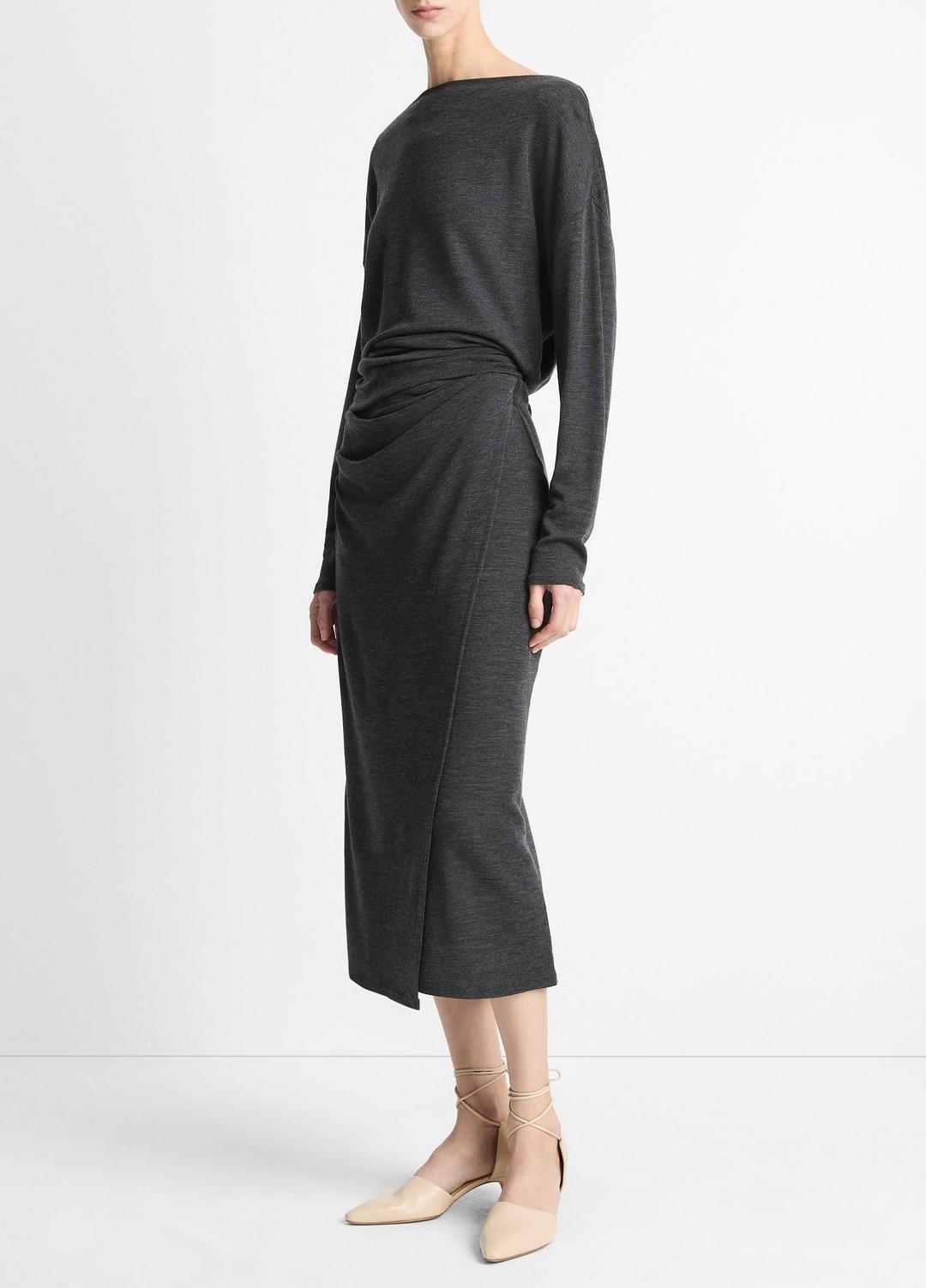 VINCE Women Draped-Waist Wool-Blend Midi Skirt in Skirts DARK HEATHER GREY