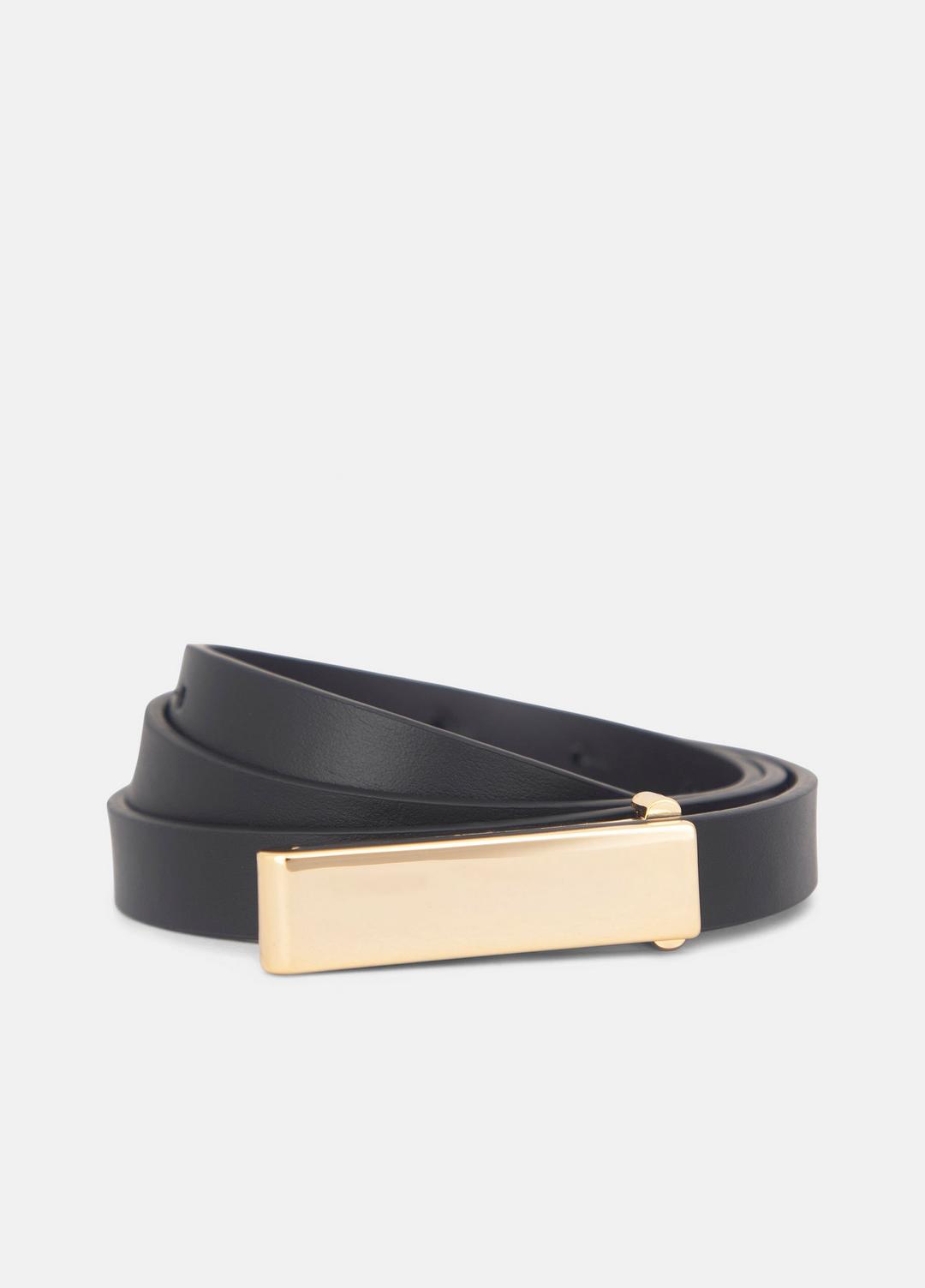 VINCE Women Women's 15mm Elongated Plaque Leather Belt in Belts BLACK/POLISHED GOLD