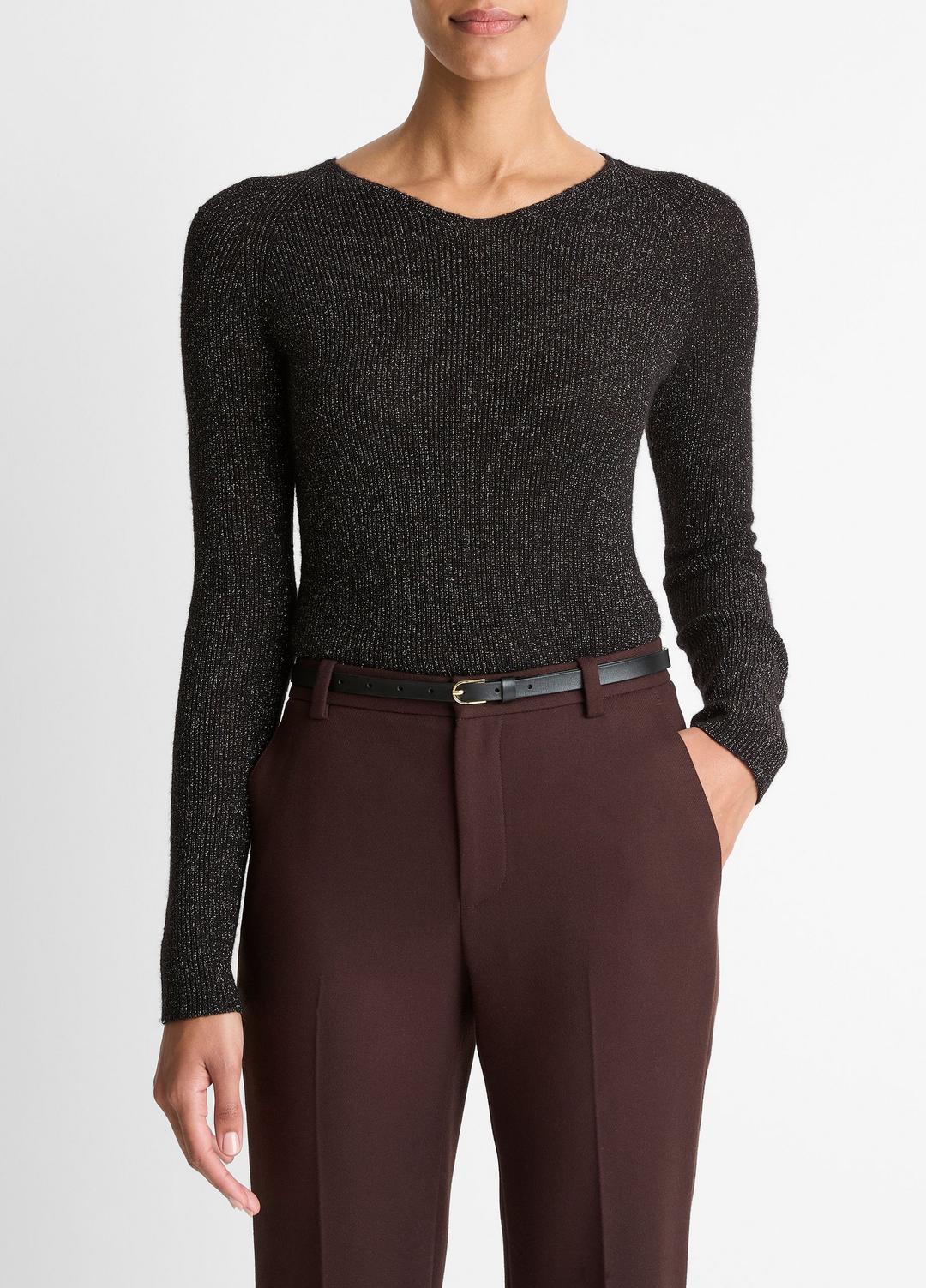 VINCE Women Metallic Ribbed High V-Neck Sweater in Vince Products Women BLACK METALLIC