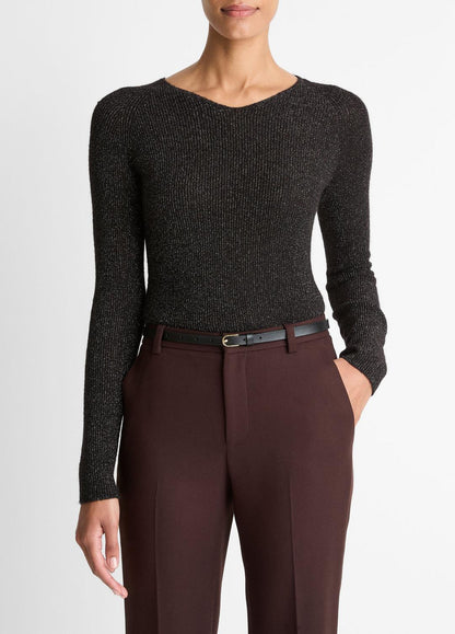 VINCE Women Metallic Ribbed High V-Neck Sweater in Vince Products Women BLACK METALLIC