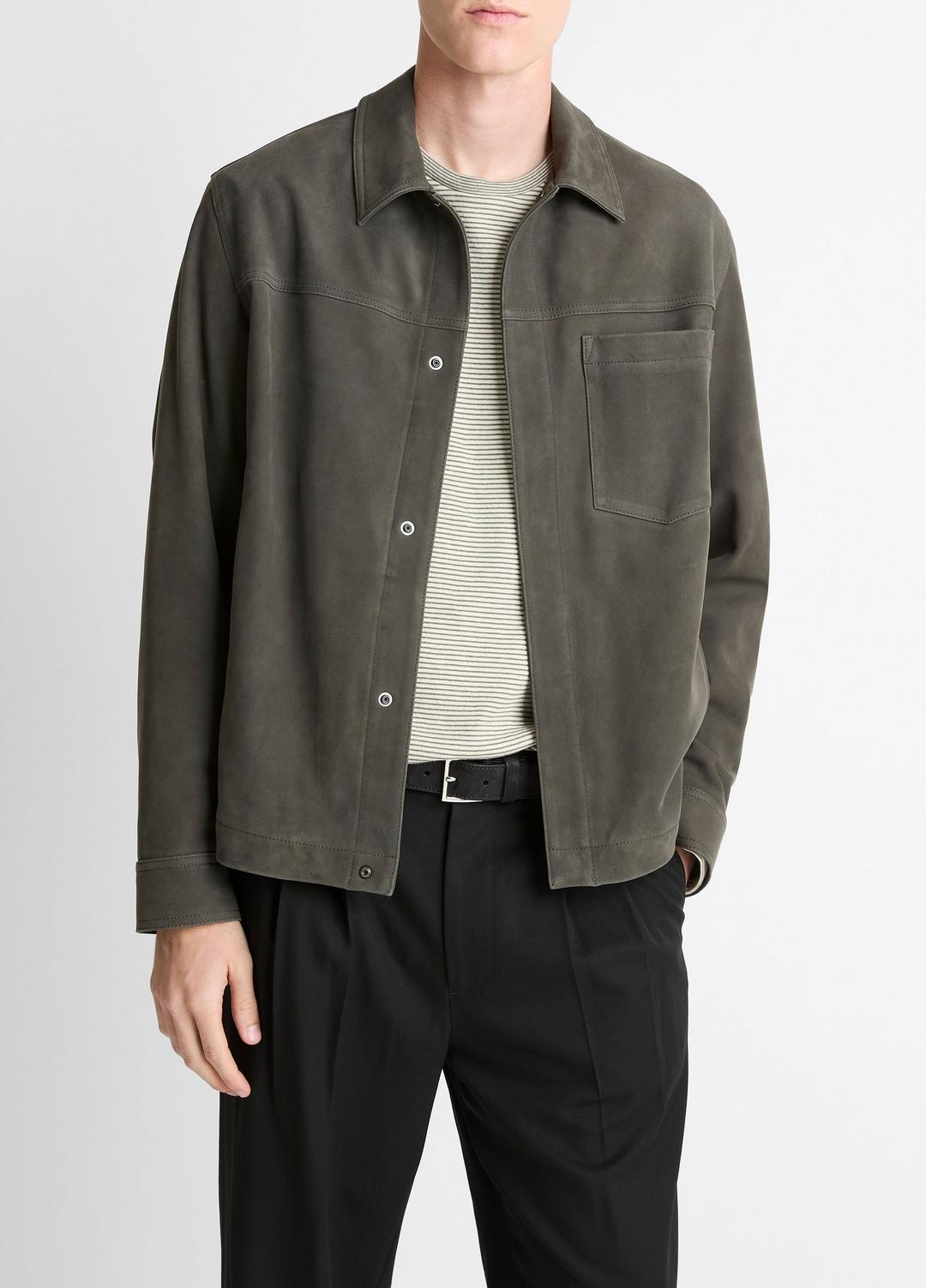 VINCE Men Nubuck Leather Trucker Jacket in Leather Jackets SYCAMORE