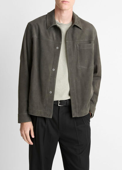 VINCE Men Nubuck Leather Trucker Jacket in Leather Jackets SYCAMORE