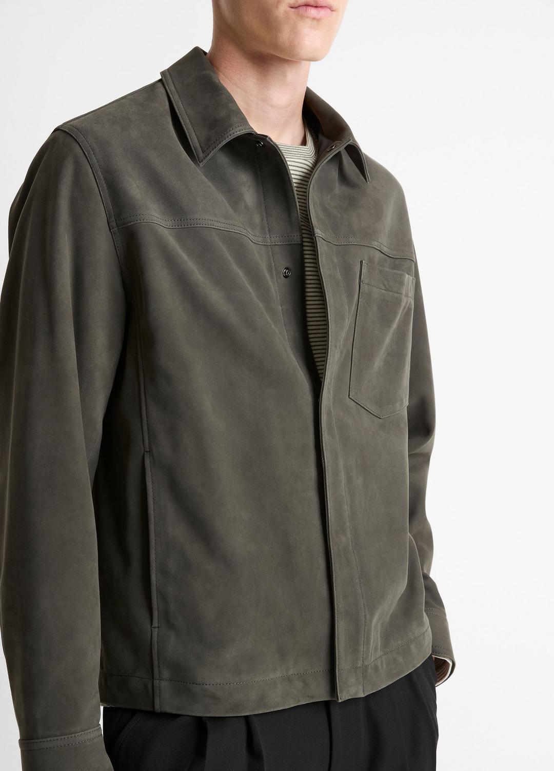 VINCE Men Nubuck Leather Trucker Jacket in Leather Jackets SYCAMORE