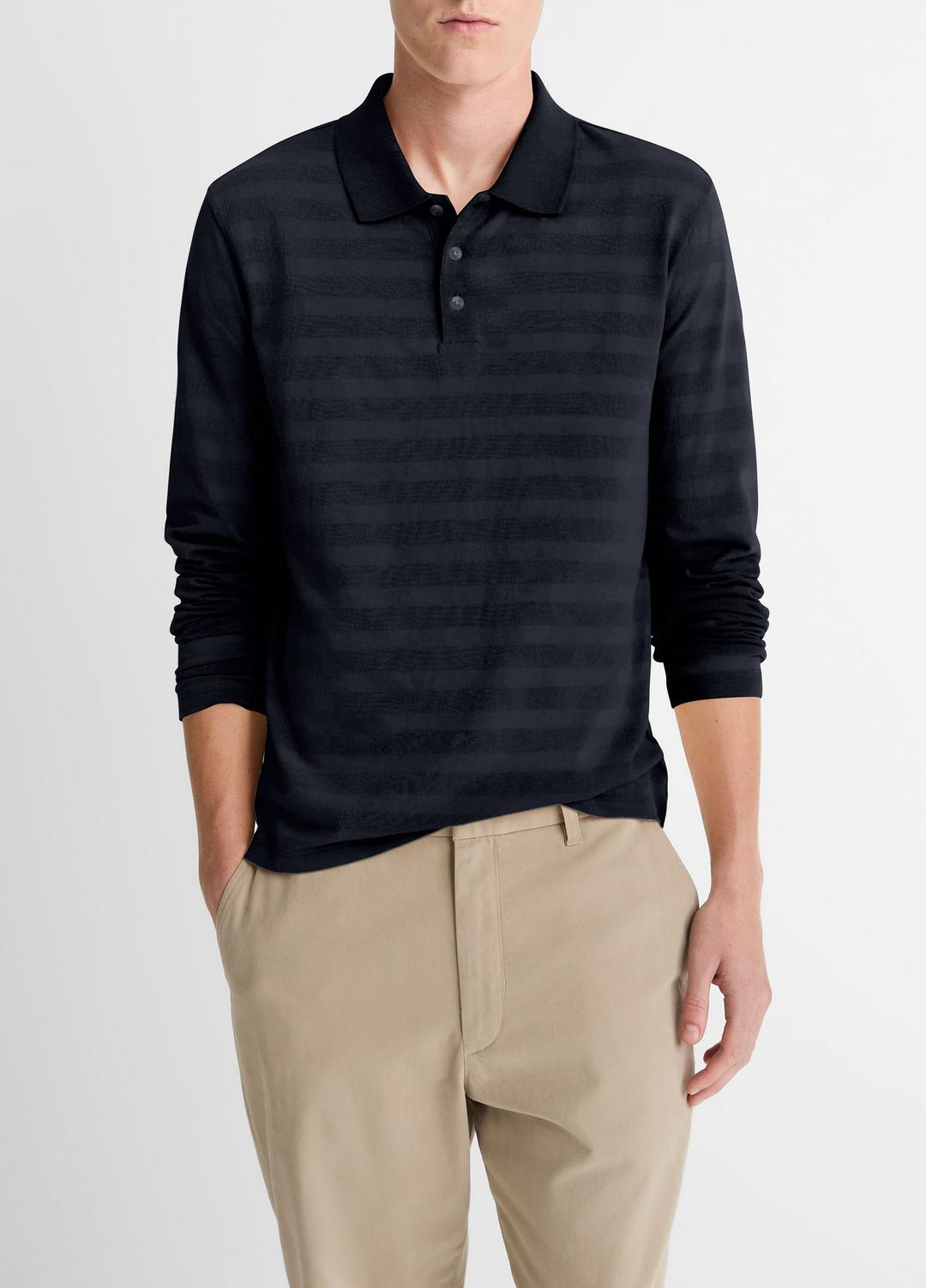 VINCE Men Jacquard-Stripe Cotton Long-Sleeve Polo Shirt in Long Sleeve COASTAL BLUE