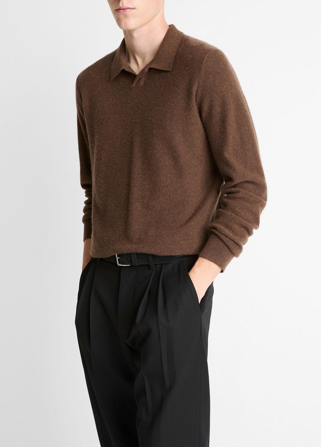 VINCE Men Feed Stripe Plush Cashmere Johnny-Collar Sweater in Cashmere MISSION/DARK HEATHER BEARPAW
