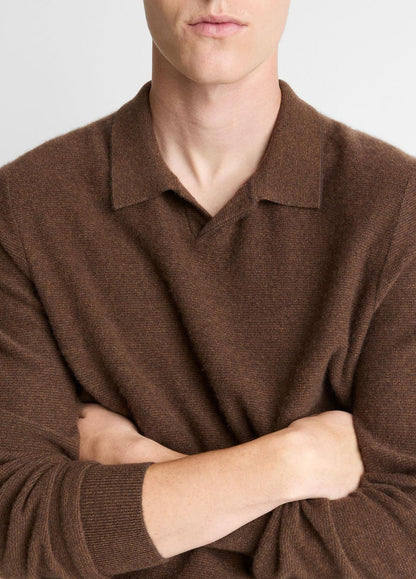VINCE Men Feed Stripe Plush Cashmere Johnny-Collar Sweater in Cashmere MISSION/DARK HEATHER BEARPAW