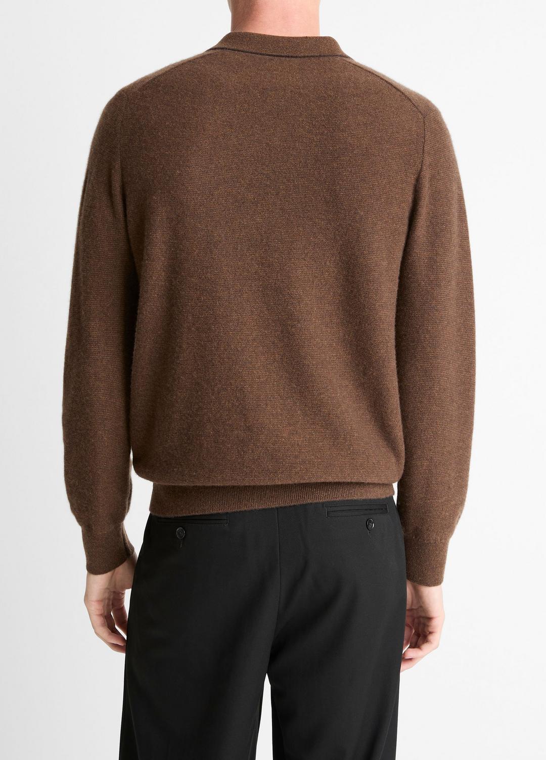 VINCE Men Feed Stripe Plush Cashmere Johnny-Collar Sweater in Cashmere MISSION/DARK HEATHER BEARPAW