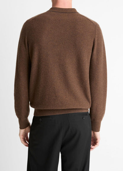 VINCE Men Feed Stripe Plush Cashmere Johnny-Collar Sweater in Cashmere MISSION/DARK HEATHER BEARPAW
