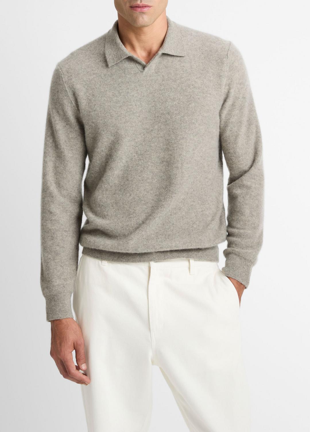VINCE Men Plush Cashmere Johnny-Collar Polo in Cashmere HEATHER MOUSE