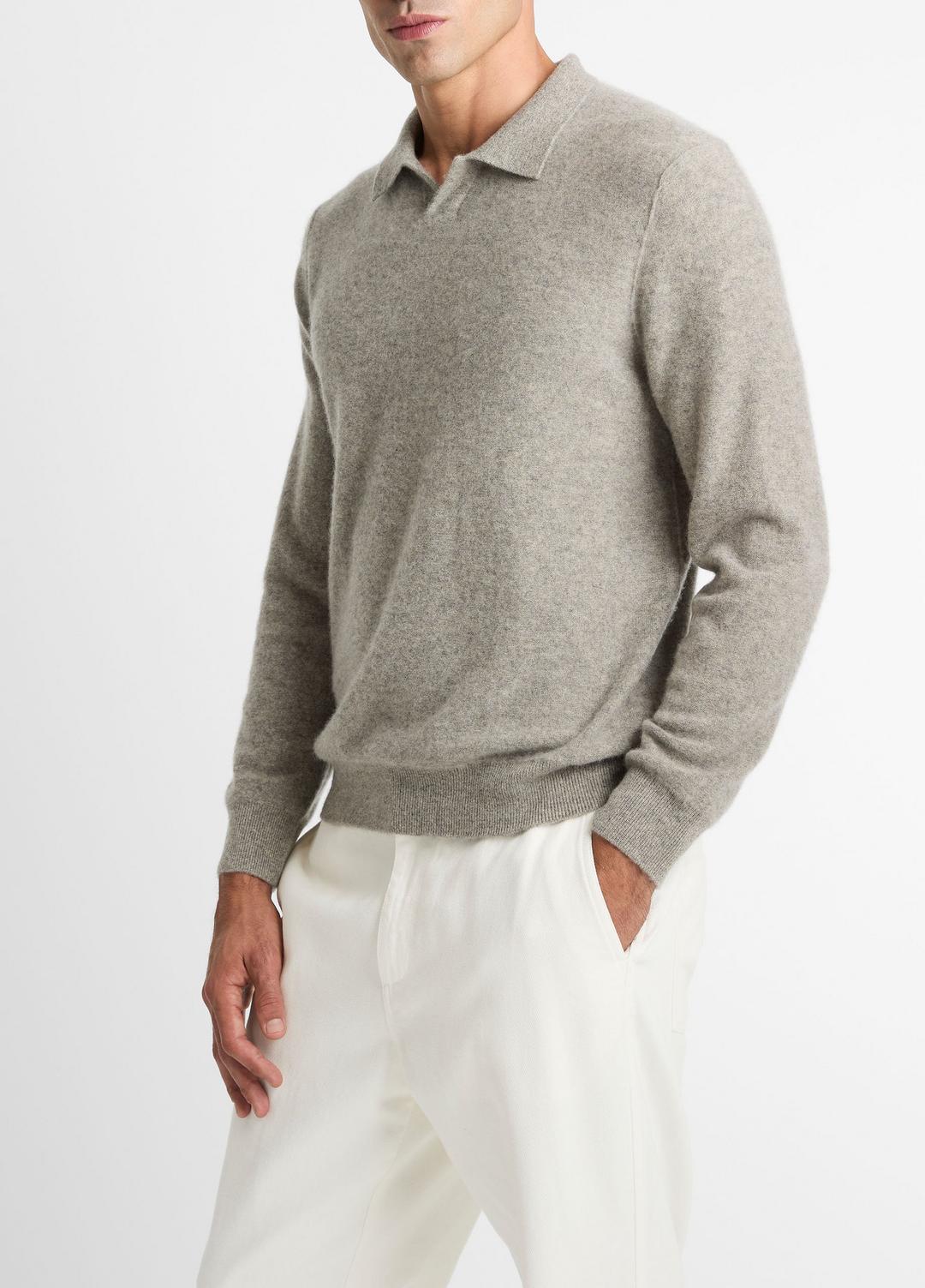 VINCE Men Plush Cashmere Johnny-Collar Polo in Cashmere HEATHER MOUSE
