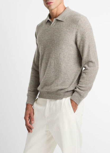 VINCE Men Plush Cashmere Johnny-Collar Polo in Cashmere HEATHER MOUSE