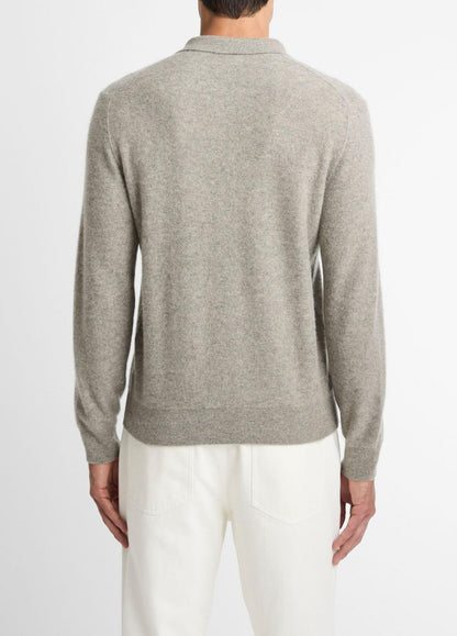 VINCE Men Plush Cashmere Johnny-Collar Polo in Cashmere HEATHER MOUSE