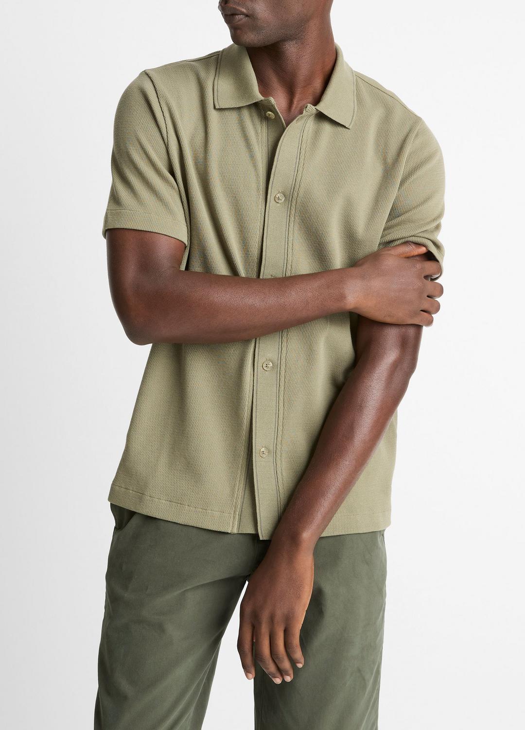 VINCE Men Jacquard-Knit Cotton Short-Sleeve Button-Front Shirt in Short Sleeve SAGE/SYCAMORE