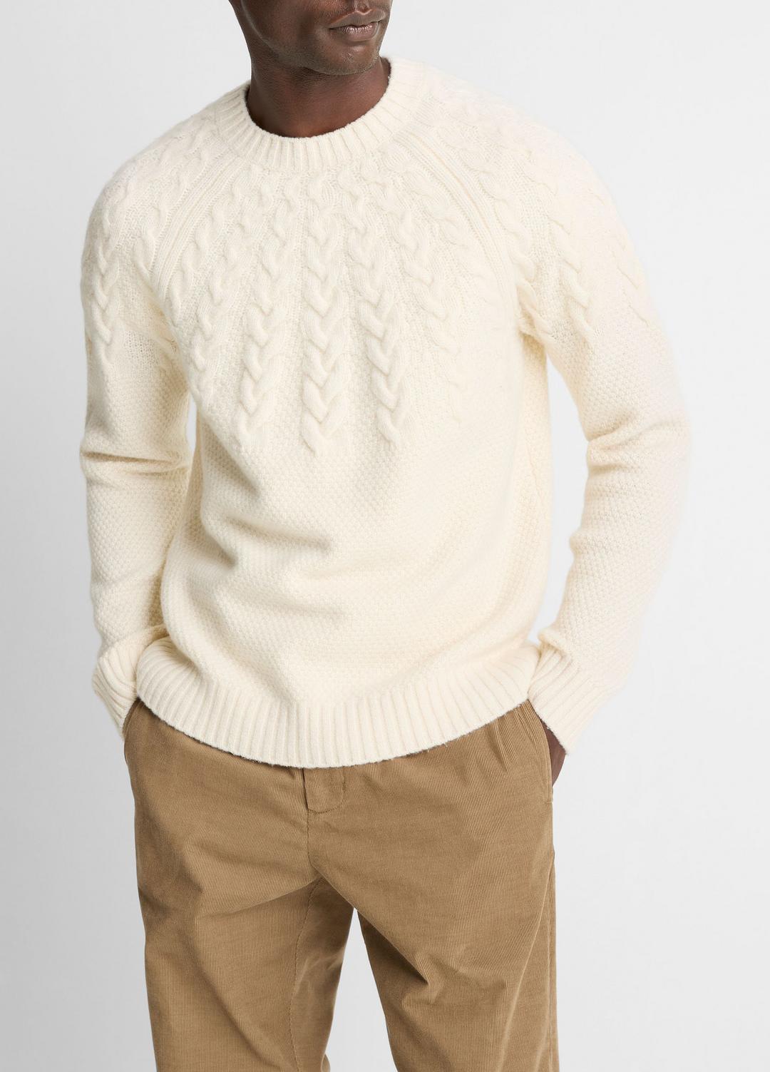 VINCE Men Airspun Merino Wool Cable-Yoke Sweater in Crew Neck LIGHT DUNE