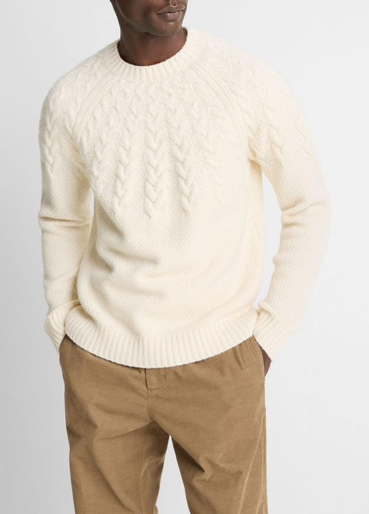 VINCE Men Airspun Merino Wool Cable-Yoke Sweater in Crew Neck LIGHT DUNE
