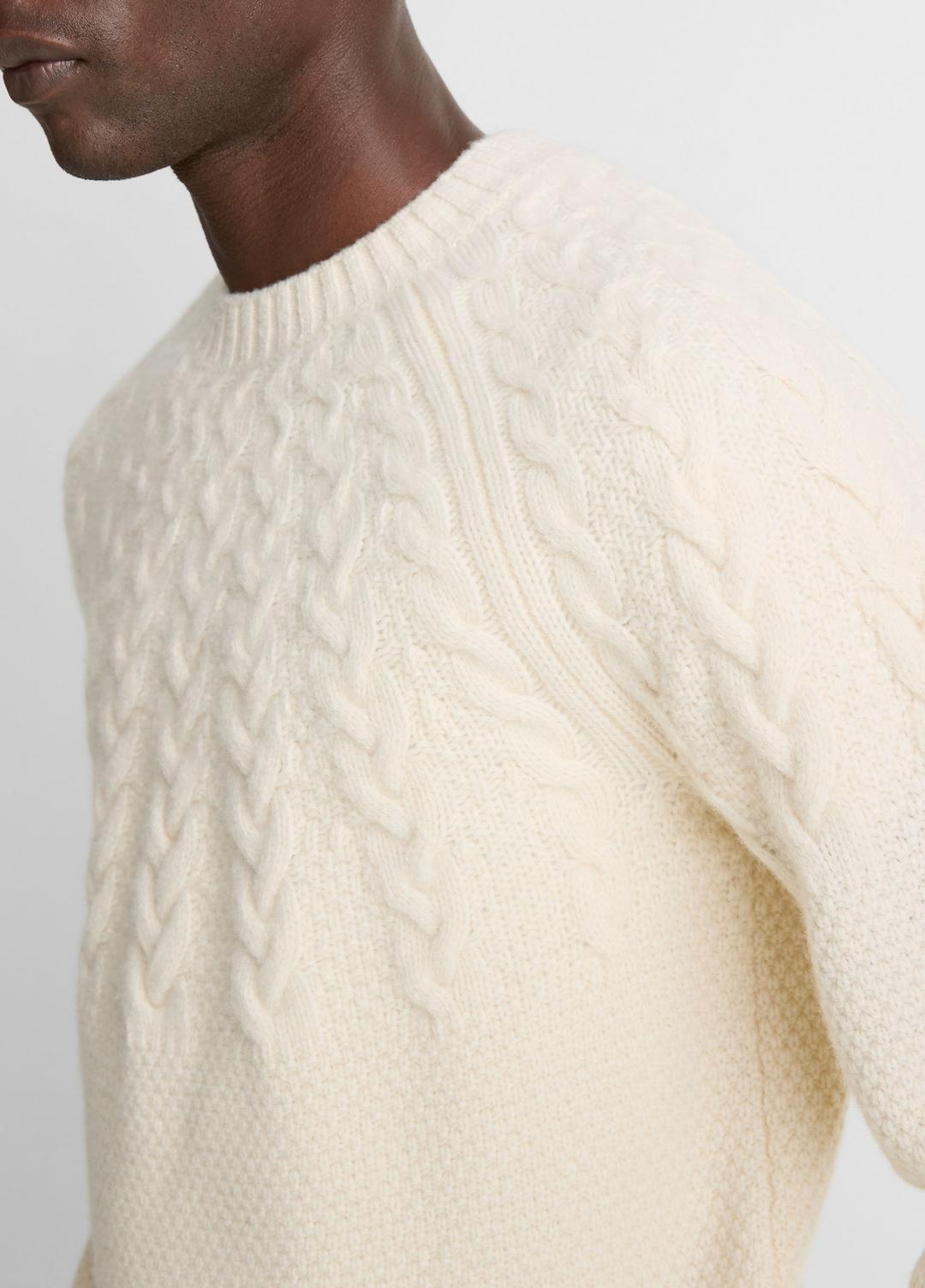 VINCE Men Airspun Merino Wool Cable-Yoke Sweater in Crew Neck LIGHT DUNE
