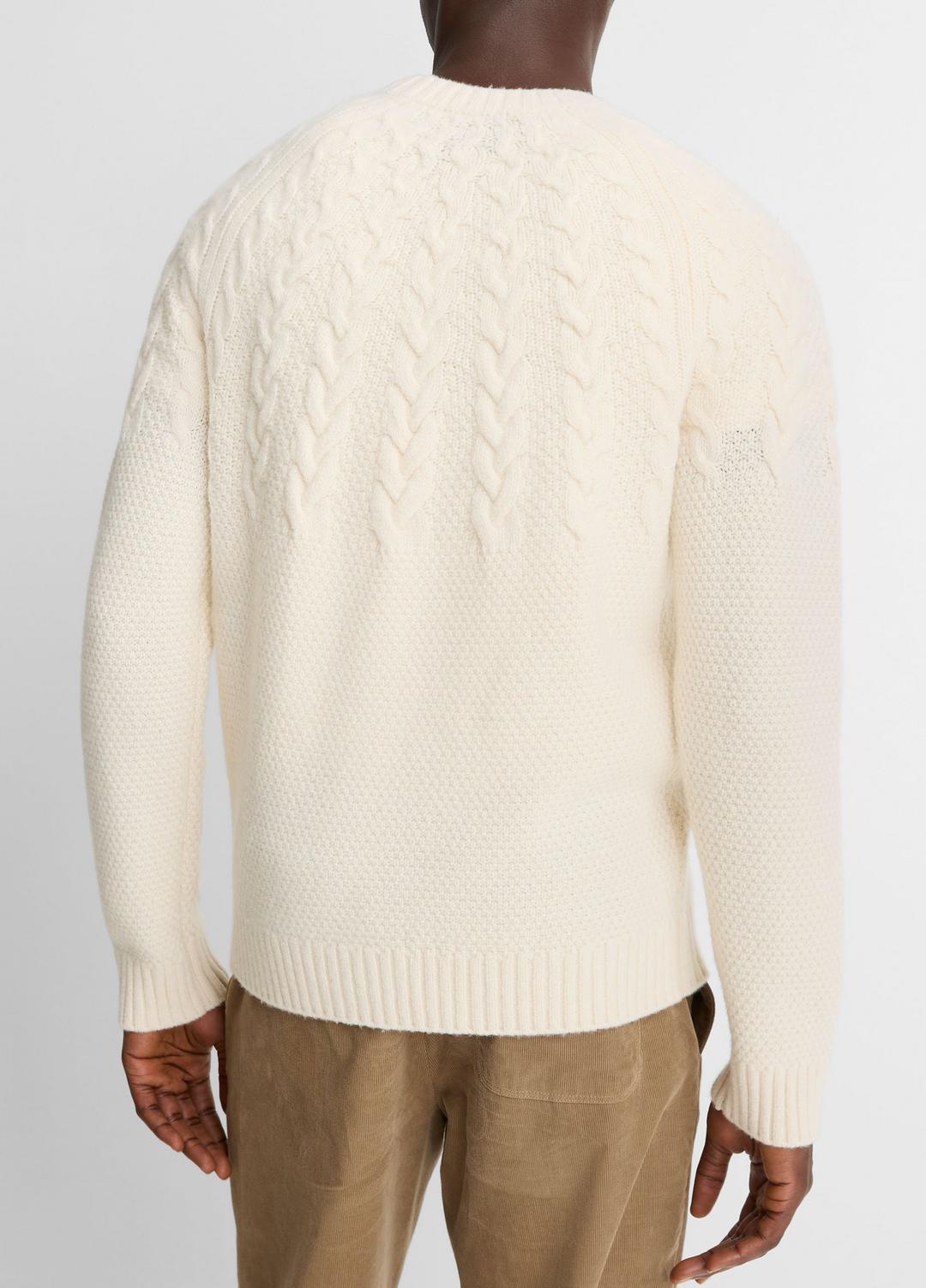 VINCE Men Airspun Merino Wool Cable-Yoke Sweater in Crew Neck LIGHT DUNE