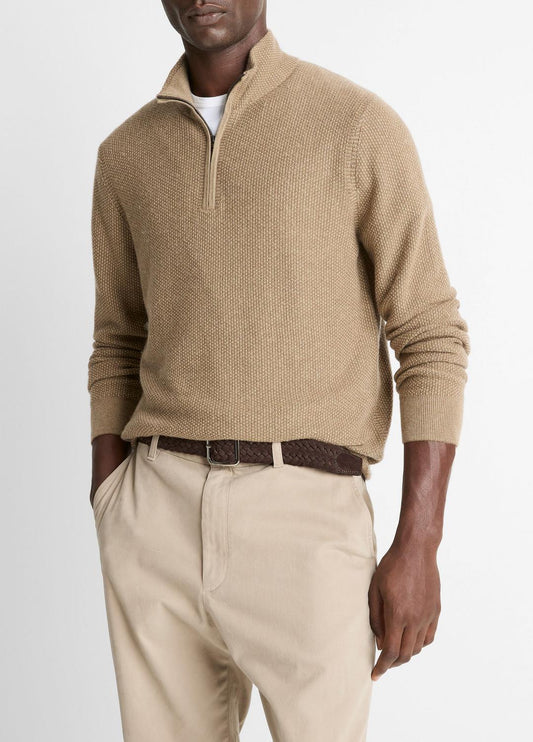 VINCE Men Geo-Jacquard Wool-Blend Quarter-Zip Sweater in Crew Neck TETON/RIVER SAND