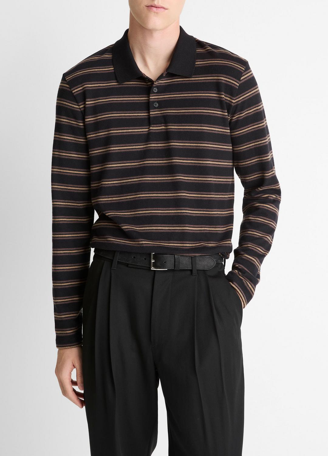 VINCE Men Striped Cotton-Blend Long-Sleeve Polo Shirt in Henleys & Polos BLACK COMBO