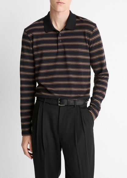 VINCE Men Striped Cotton-Blend Long-Sleeve Polo Shirt in Henleys & Polos BLACK COMBO
