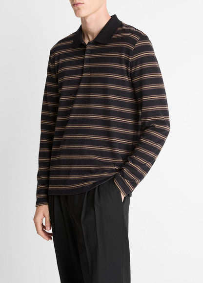 VINCE Men Striped Cotton-Blend Long-Sleeve Polo Shirt in Henleys & Polos BLACK COMBO