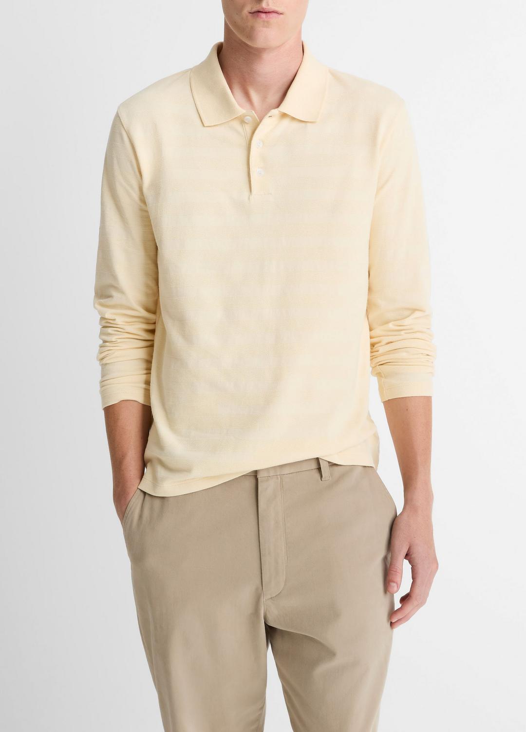 VINCE Men Jacquard-Stripe Cotton Long-Sleeve Polo Shirt in Long Sleeve MEADOWLARK