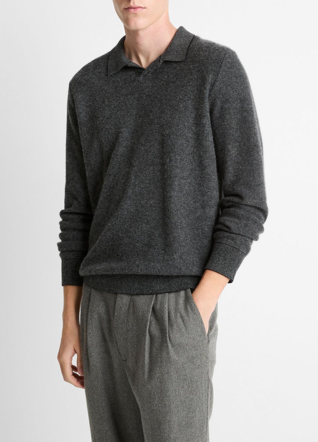 VINCE Men Feed Stripe Plush Cashmere Johnny-Collar Sweater in Cashmere BLACK/MEDIUM HEATHER GREY