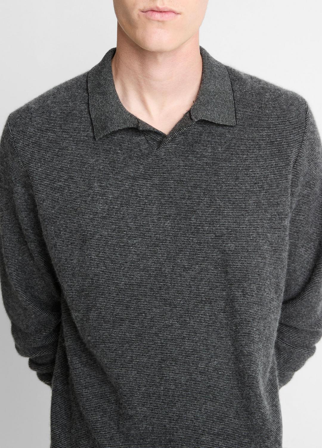 VINCE Men Feed Stripe Plush Cashmere Johnny-Collar Sweater in Cashmere BLACK/MEDIUM HEATHER GREY