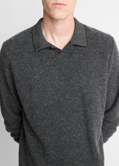 VINCE Men Feed Stripe Plush Cashmere Johnny-Collar Sweater in Cashmere BLACK/MEDIUM HEATHER GREY