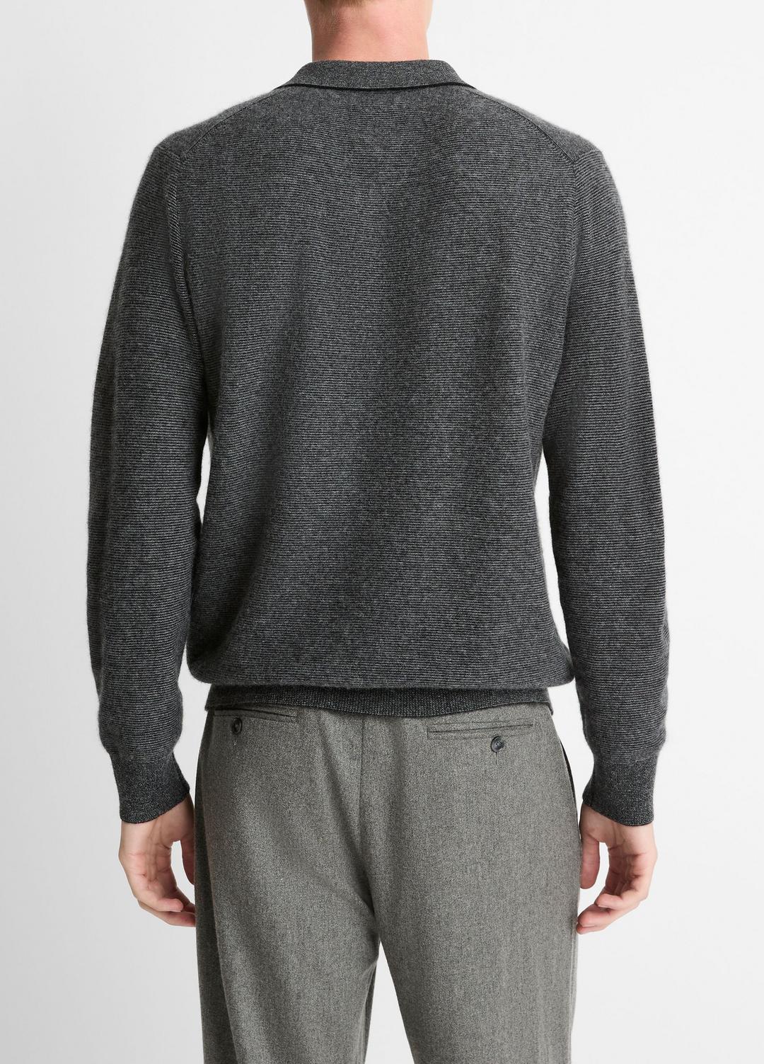 VINCE Men Feed Stripe Plush Cashmere Johnny-Collar Sweater in Cashmere BLACK/MEDIUM HEATHER GREY