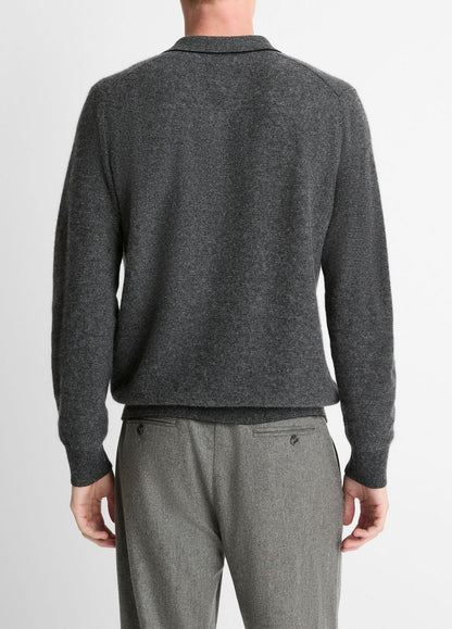 VINCE Men Feed Stripe Plush Cashmere Johnny-Collar Sweater in Cashmere BLACK/MEDIUM HEATHER GREY