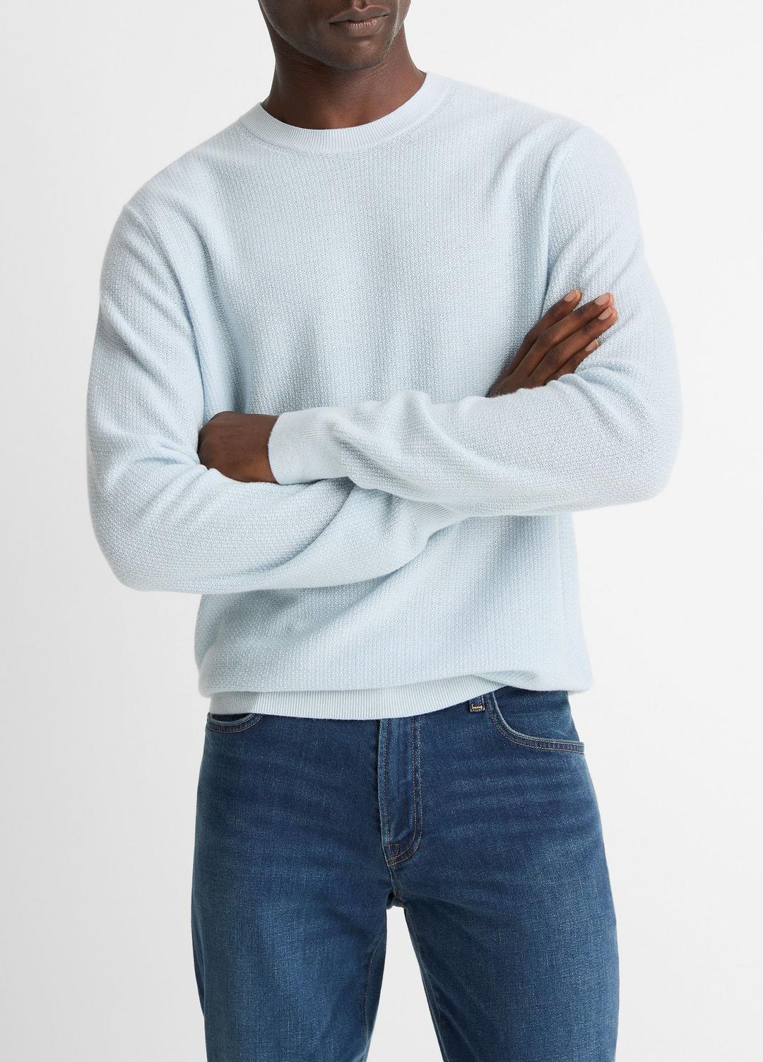 VINCE Men Geo-Jacquard Wool-Blend Crew Neck Sweater in Crew Neck WHITECAP/CLASSIC CREAM