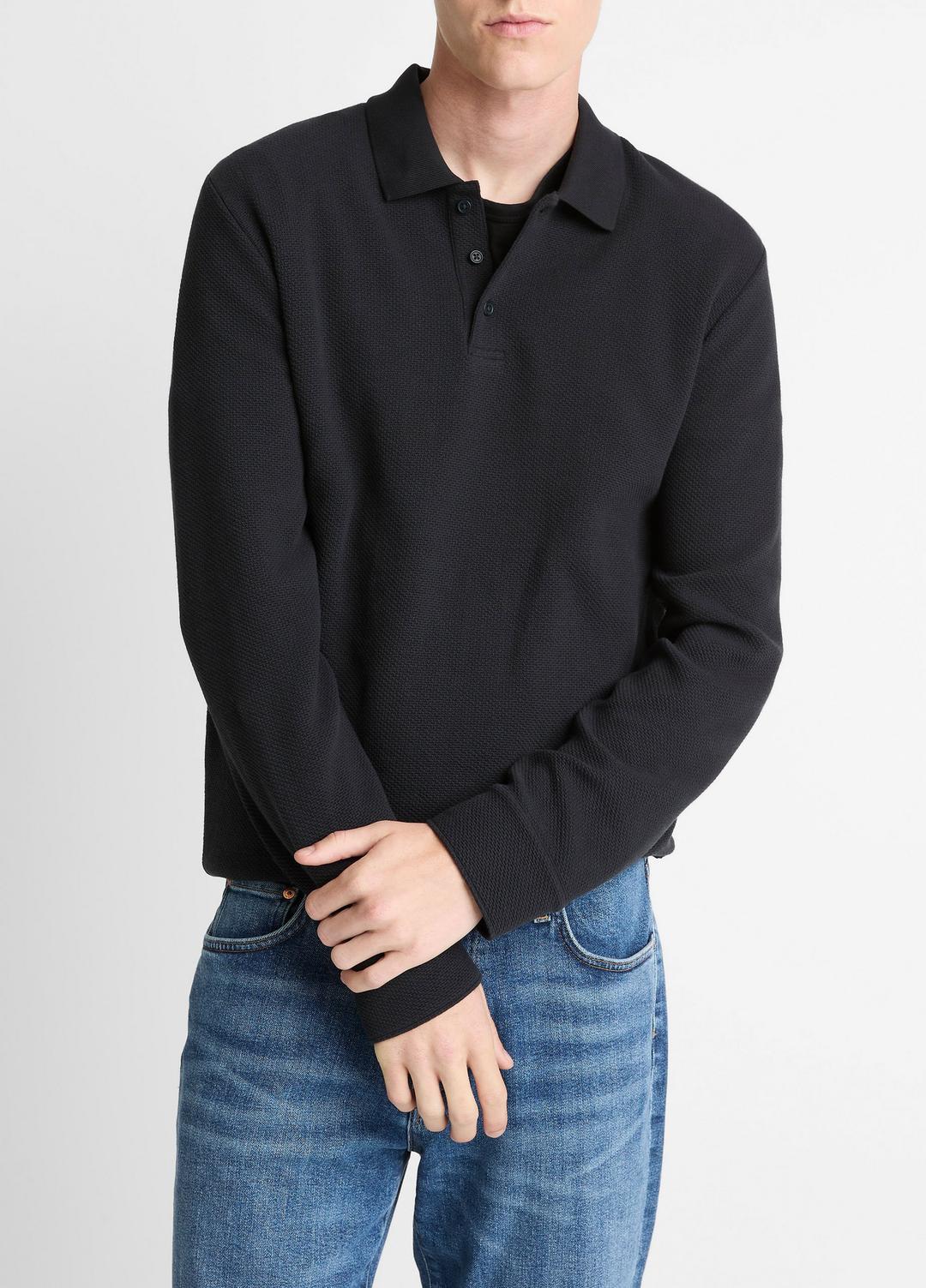 VINCE Men Basket-Weave Cotton Long-Sleeve Polo Shirt in Henleys & Polos COASTAL BLUE