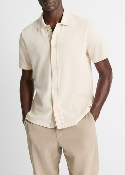 VINCE Men Jacquard-Knit Cotton Short-Sleeve Button-Front Shirt in Short Sleeve BONE/RIVER SAND