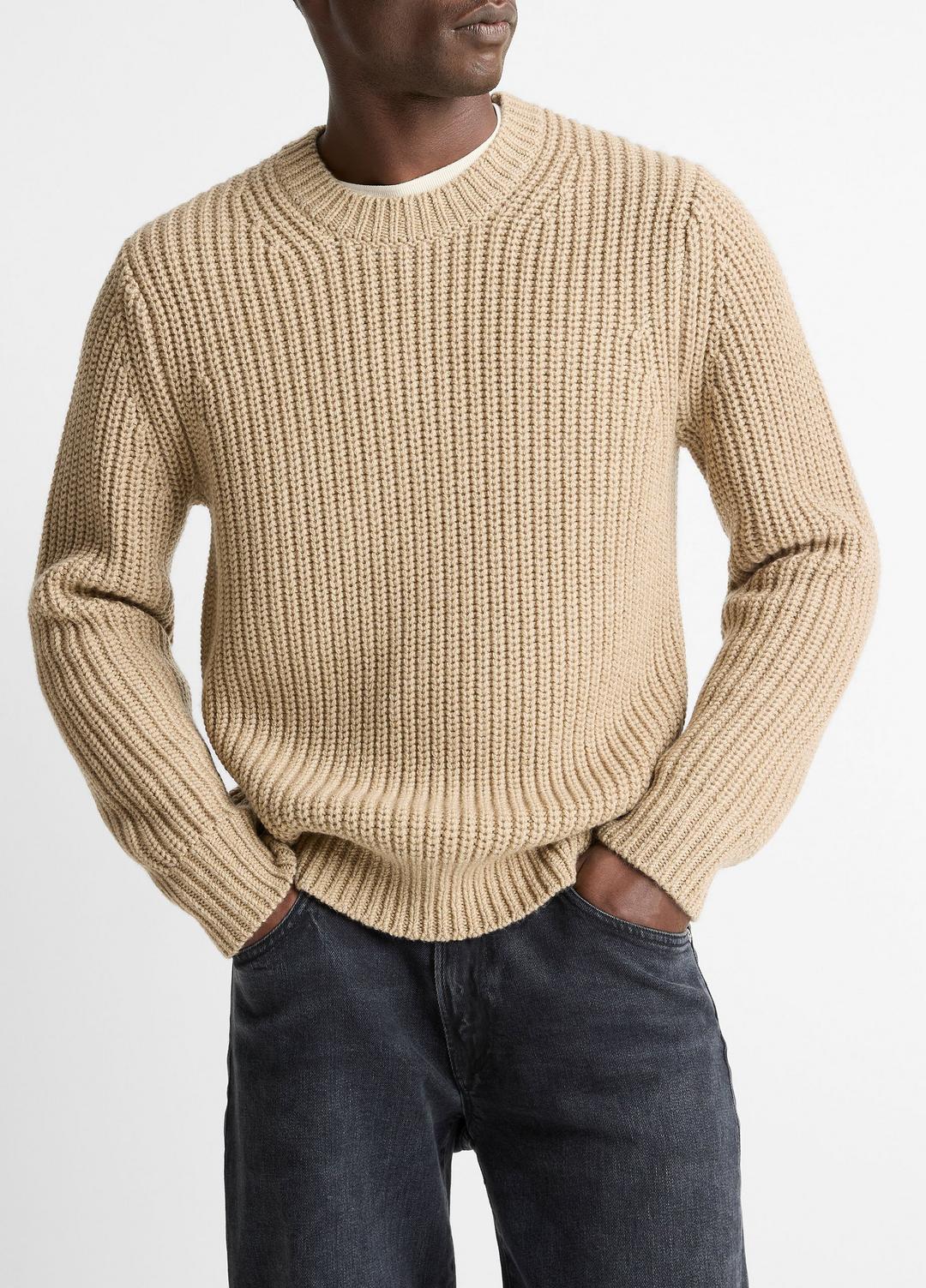 VINCE Men Utility Shaker Merino Wool Sweater in Crew Neck HEATHER RIVER SAND