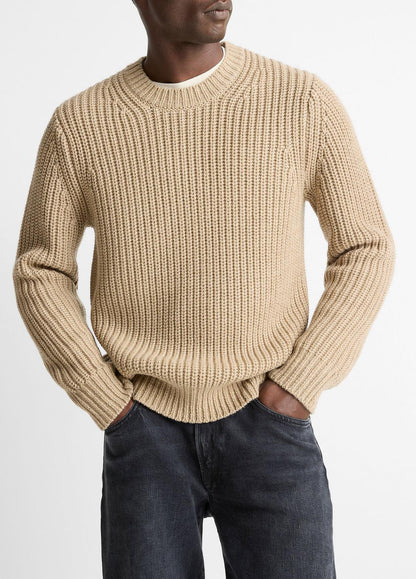 VINCE Men Utility Shaker Merino Wool Sweater in Crew Neck HEATHER RIVER SAND