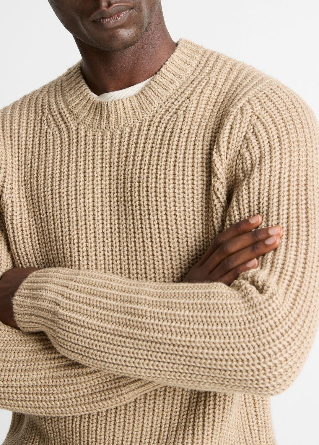 VINCE Men Utility Shaker Merino Wool Sweater in Crew Neck HEATHER RIVER SAND