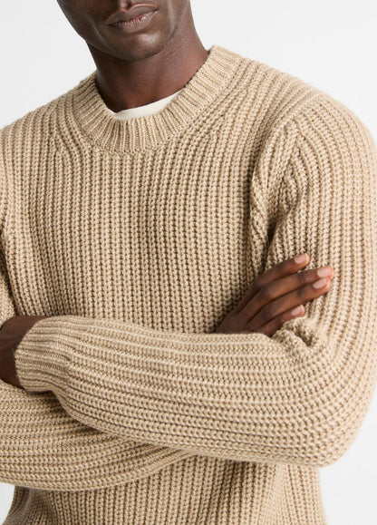 VINCE Men Utility Shaker Merino Wool Sweater in Crew Neck HEATHER RIVER SAND