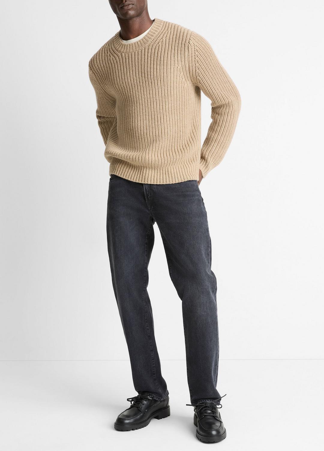 VINCE Men Utility Shaker Merino Wool Sweater in Crew Neck HEATHER RIVER SAND