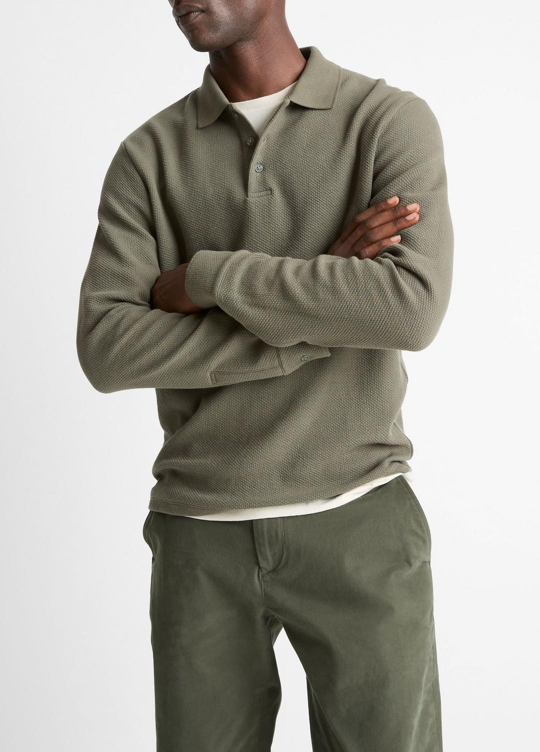 VINCE Men Basket-Weave Cotton Long-Sleeve Polo Shirt in Henleys & Polos SYCAMORE