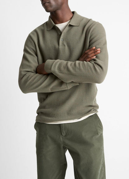 VINCE Men Basket-Weave Cotton Long-Sleeve Polo Shirt in Henleys & Polos SYCAMORE