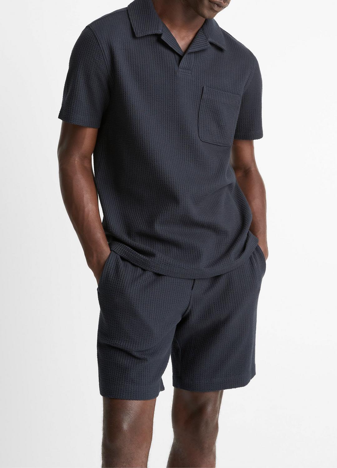 VINCE Men Seersucker-Knit Stretch-Cotton Short-Sleeve Johnny-Collar Shirt in Short Sleeve COASTAL BLUE